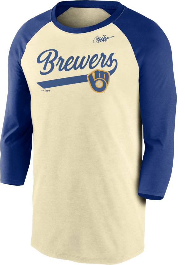 Nike Men's Milwaukee Brewers Cream Cooperstown Raglan Three-Quarter Sleeve Shirt