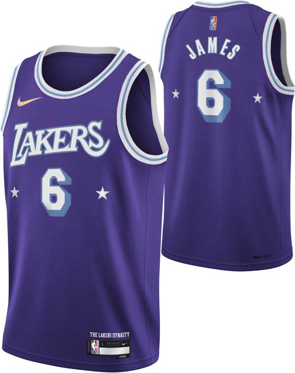 Nike Mens 2021 22 City Edition Los Angeles Lakers Lebron James 6 Purple Dri Fit Swingman