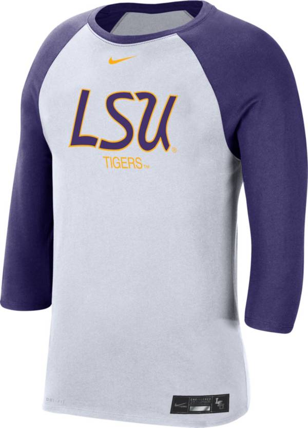 Nike Men's LSU Tigers White Dri-FIT ¾ Sleeve Baseball T-Shirt