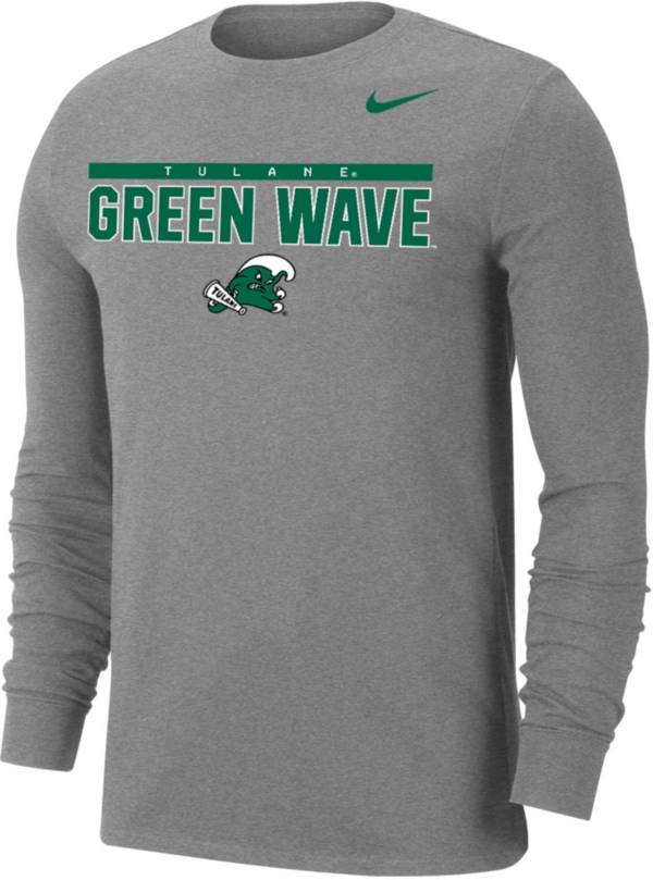 Nike Men's Tulane Green Wave Grey Dri-FIT Cotton Long Sleeve T-Shirt