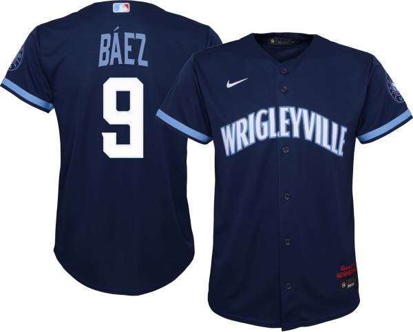 Nike Youth Chicago Cubs Javier Báez #9 Navy 2021 City Connect Cool Base Jersey