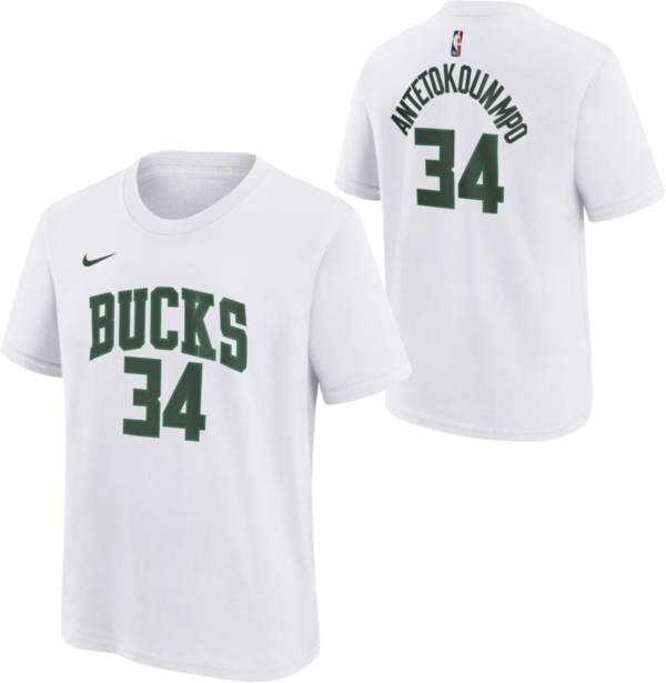 Nike Youth 2021-22 City Edition Milwaukee Bucks Giannis Antetokounmpo #34 White Player T-Shirt