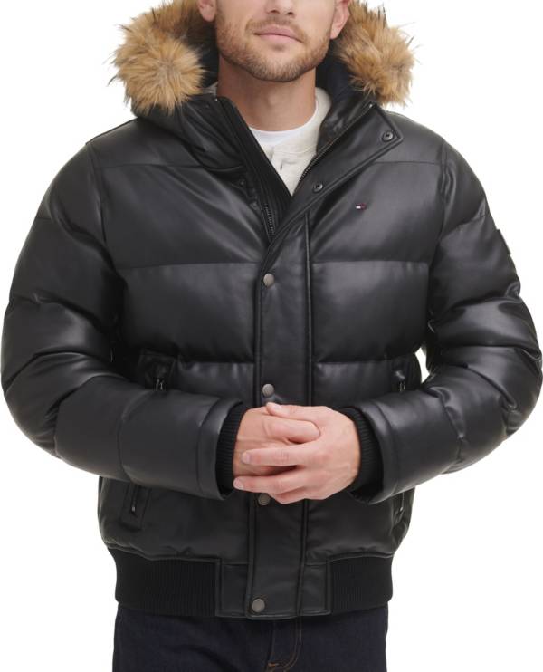 Tommy Hilfiger Men's Faux Leather Quilted Snorkel Bomber Jacket with Faux  Fur Hood