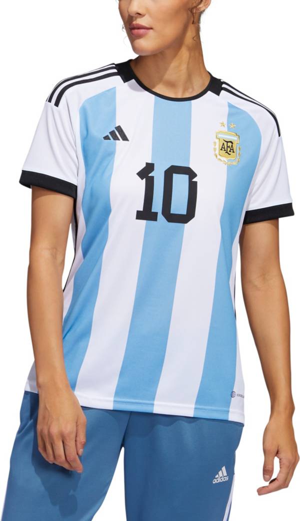 Women's adidas Lionel Messi White/Light Blue Argentina National Team 2022  Winners Home Replica Jersey