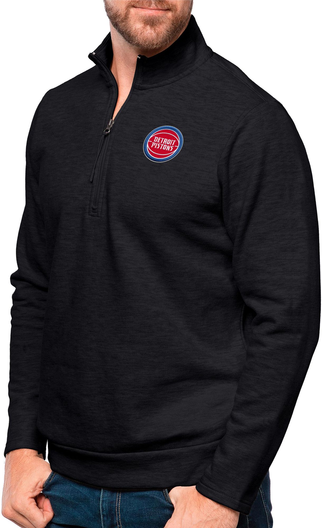 Antigua Men's Detroit Pistons Black Heather Gambit Fleece ¼ Zip