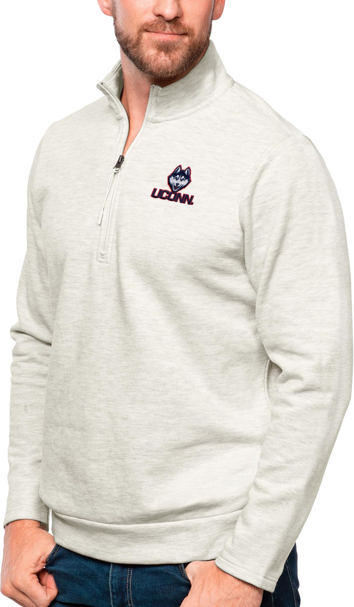 Antigua Men's UConn Huskies Oatmeal Gambit 1/4 Zip Jacket