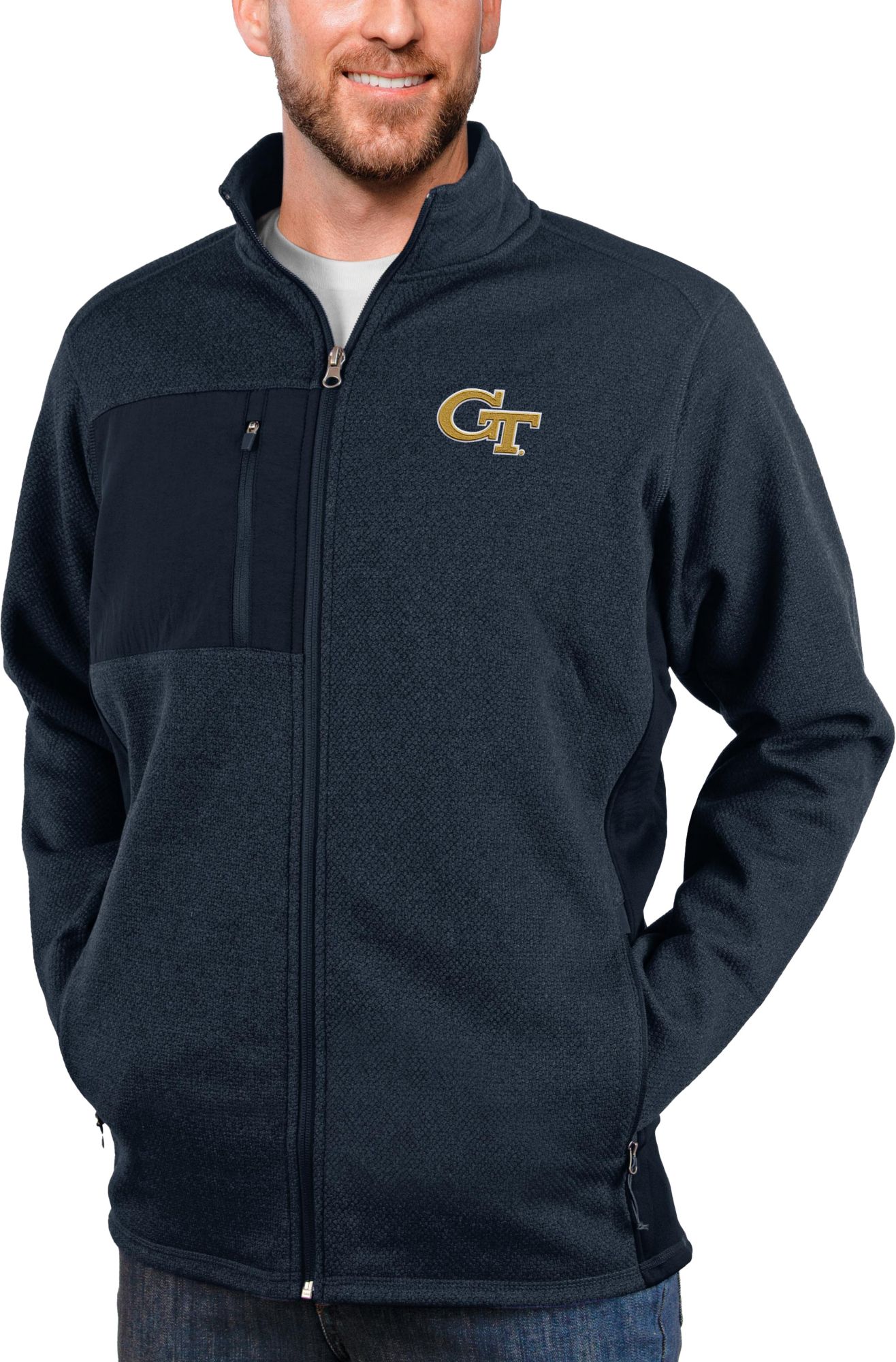 Antigua Men's Georgia Tech Yellow Jackets Navy Heather Course Full Zip ...