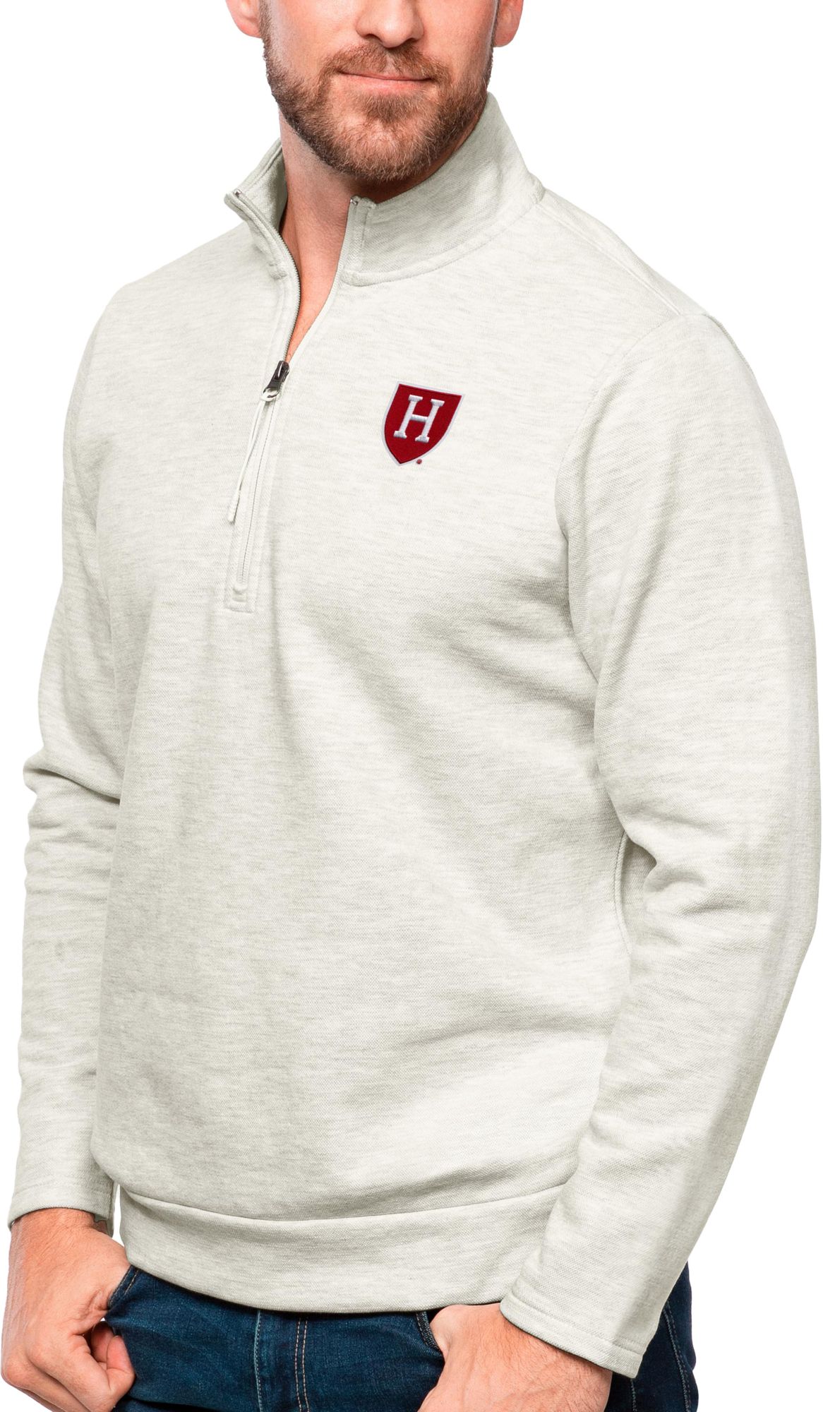 Antigua Men's Harvard Crimson Oatmeal Gambit 1/4 Zip Jacket