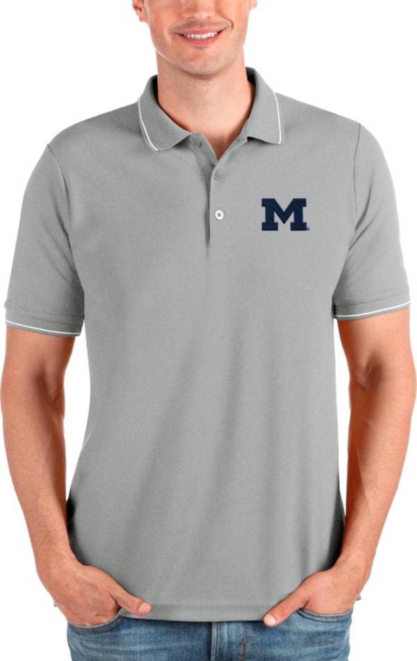 Antigua Men's Michigan Wolverines Heather Grey and White Affluent Polo product image