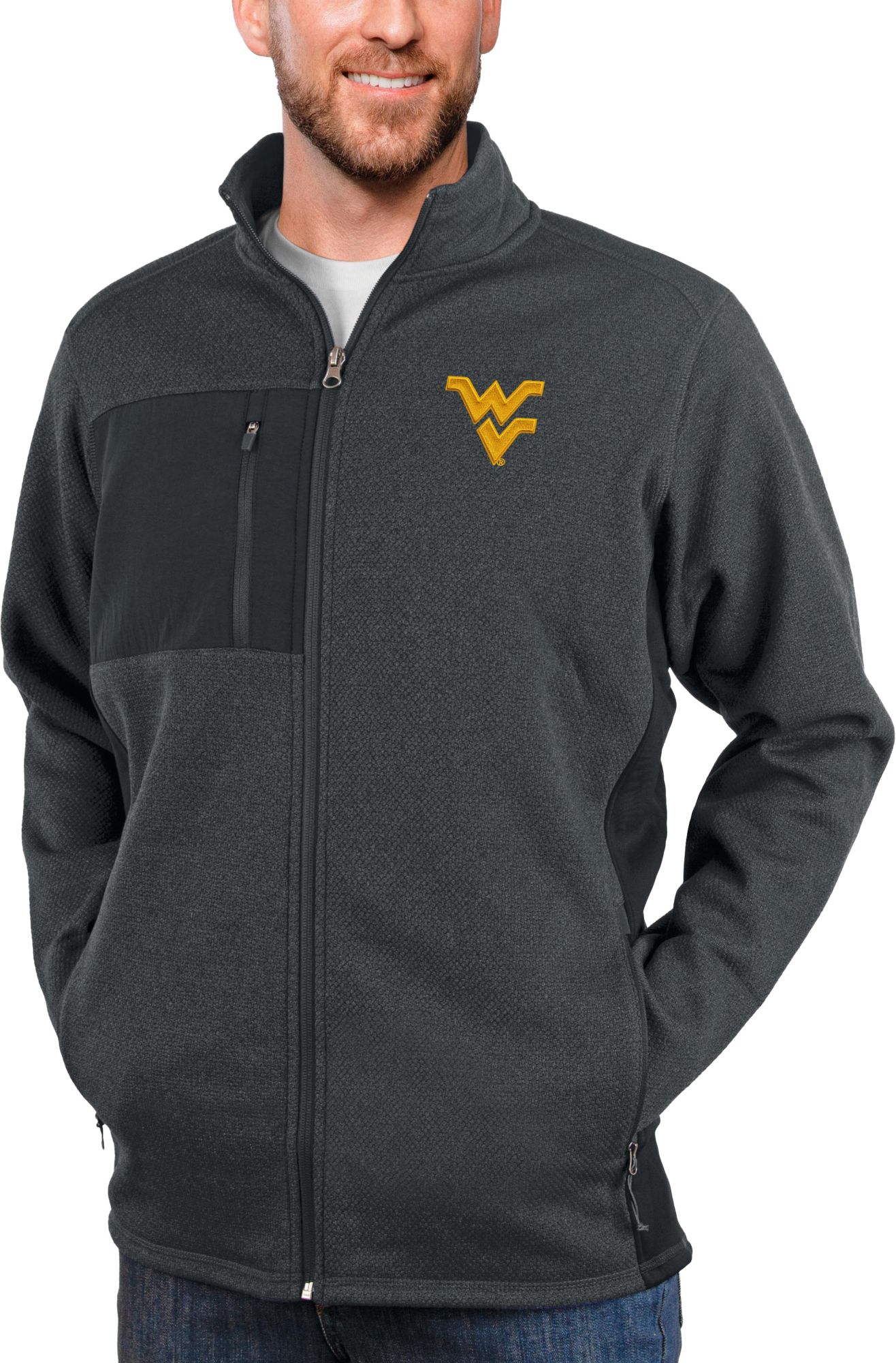 Antigua Men's West Virginia Mountaineers Charcoal Heather Course Full Zip Jacket