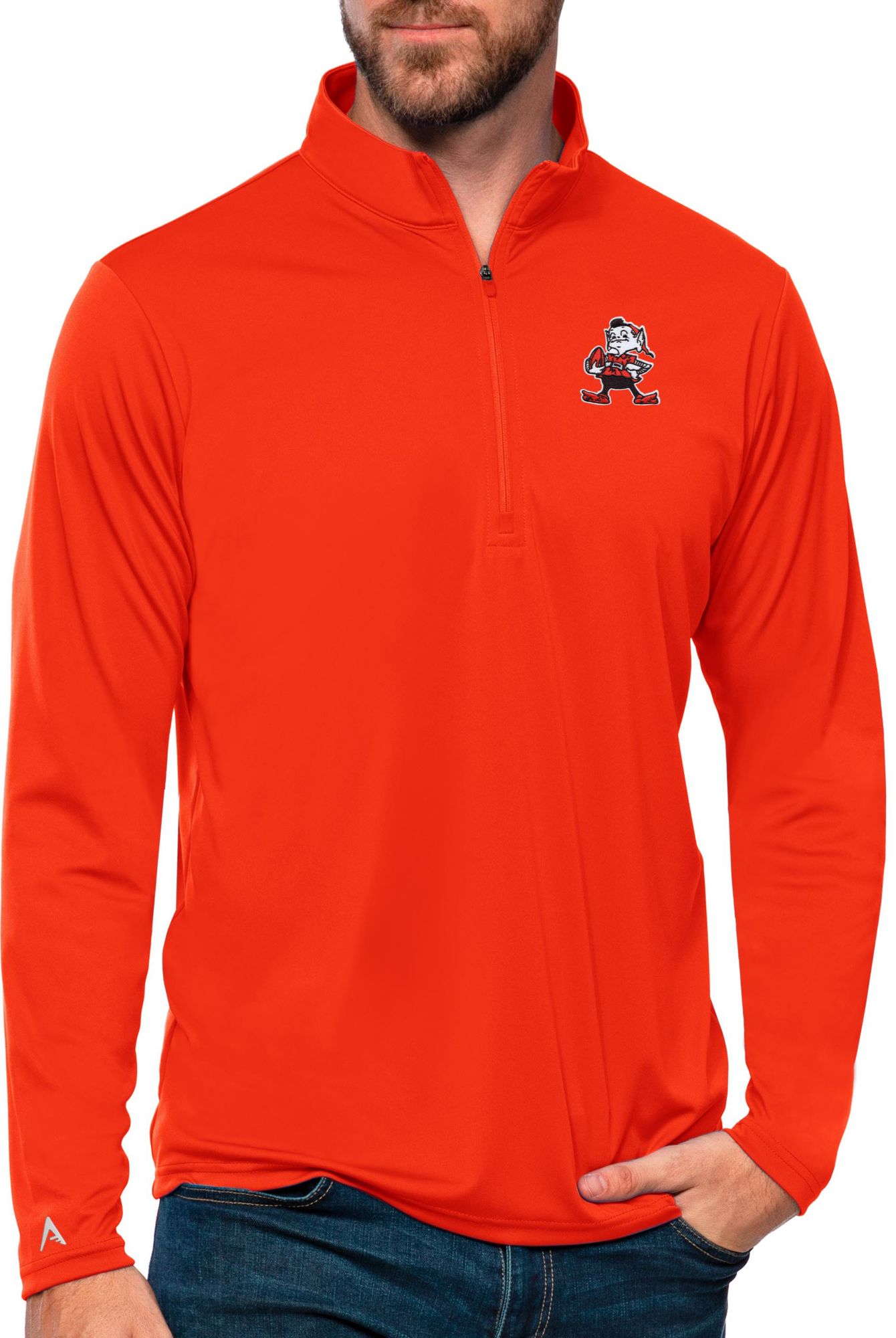 Antigua Men's Cleveland Browns Tribute Orange 1/4-Zip Pullover product image