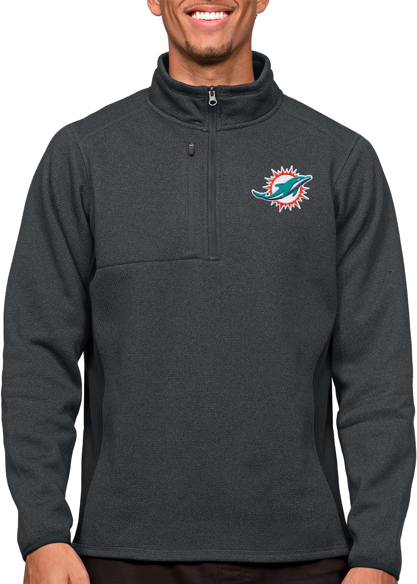 Antigua Miami Dolphins Course Charcoal Heather Quarter-Zip Long Sleeve Pullover T-Shirt