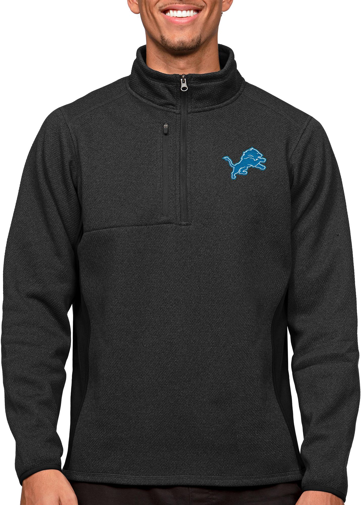 Antigua Detroit Lions Course Black Heather Quarter-Zip Long Sleeve Pullover T-Shirt