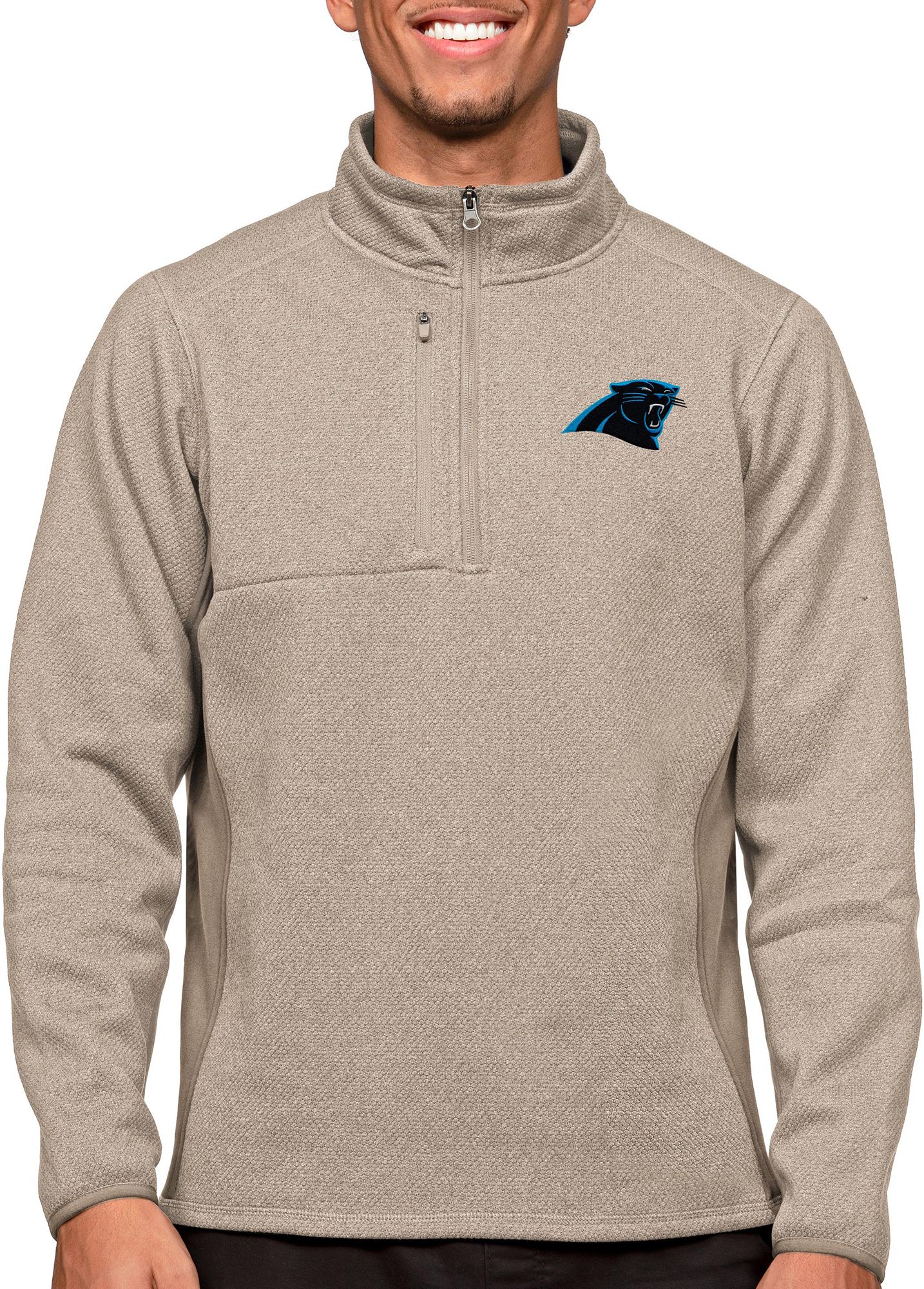 Antigua Carolina Panthers Course Oatmeal Heather Quarter-Zip Long Sleeve Pullover T-Shirt