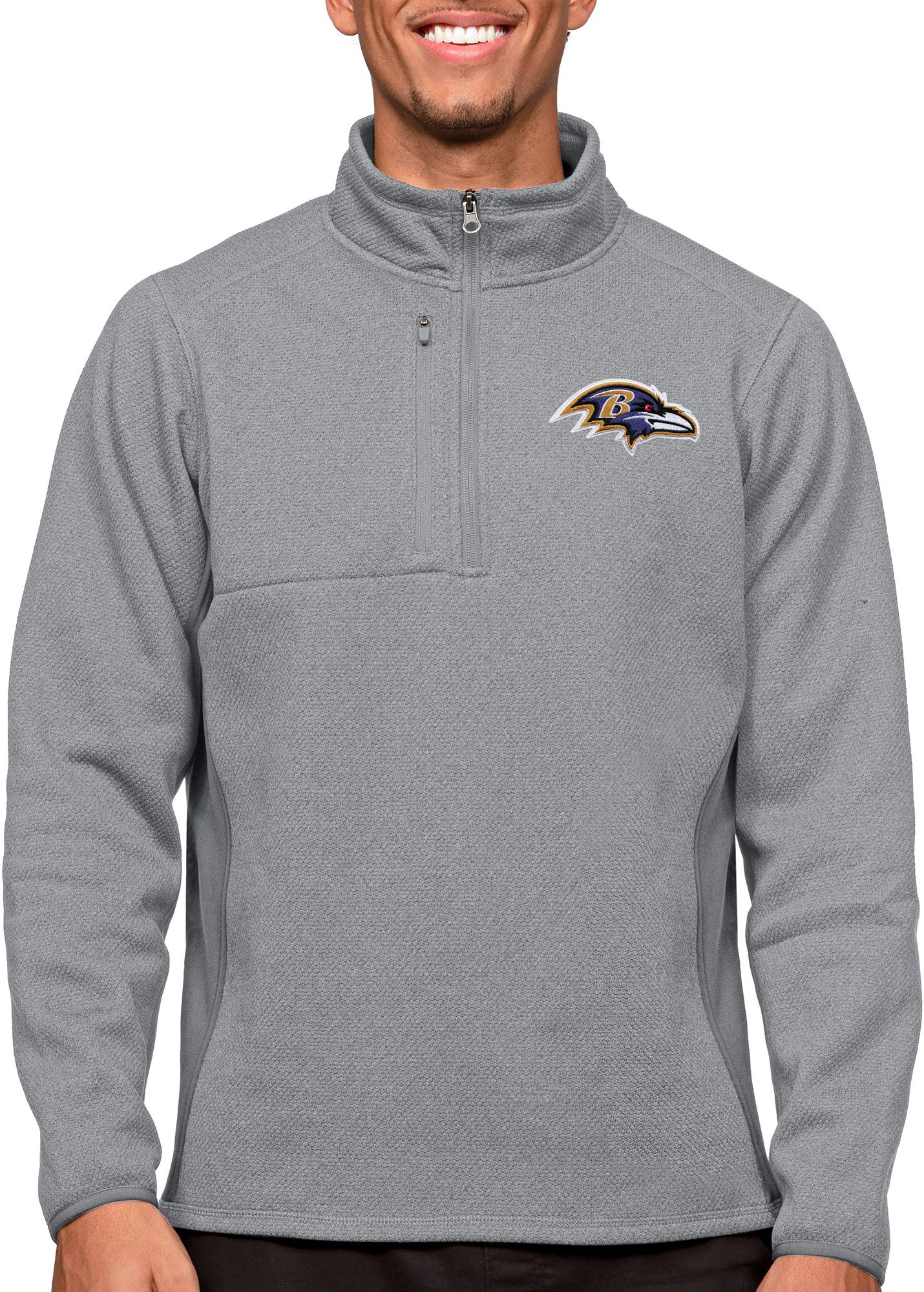 Antigua Baltimore Ravens Course Light Grey Heather Quarter-Zip Long Sleeve Pullover T-Shirt