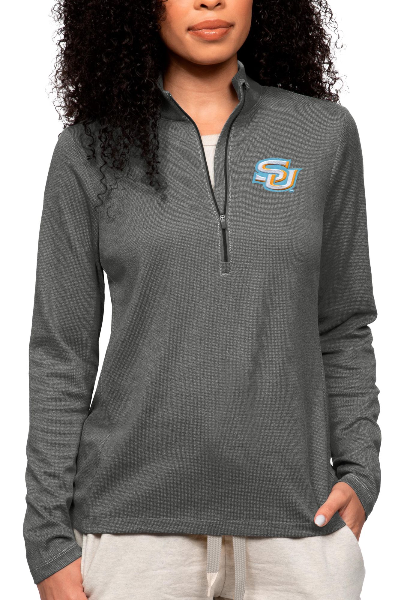 Antigua Women's Southern University Jaguars Charcoal Heather Epic 1/4 Zip Jacket