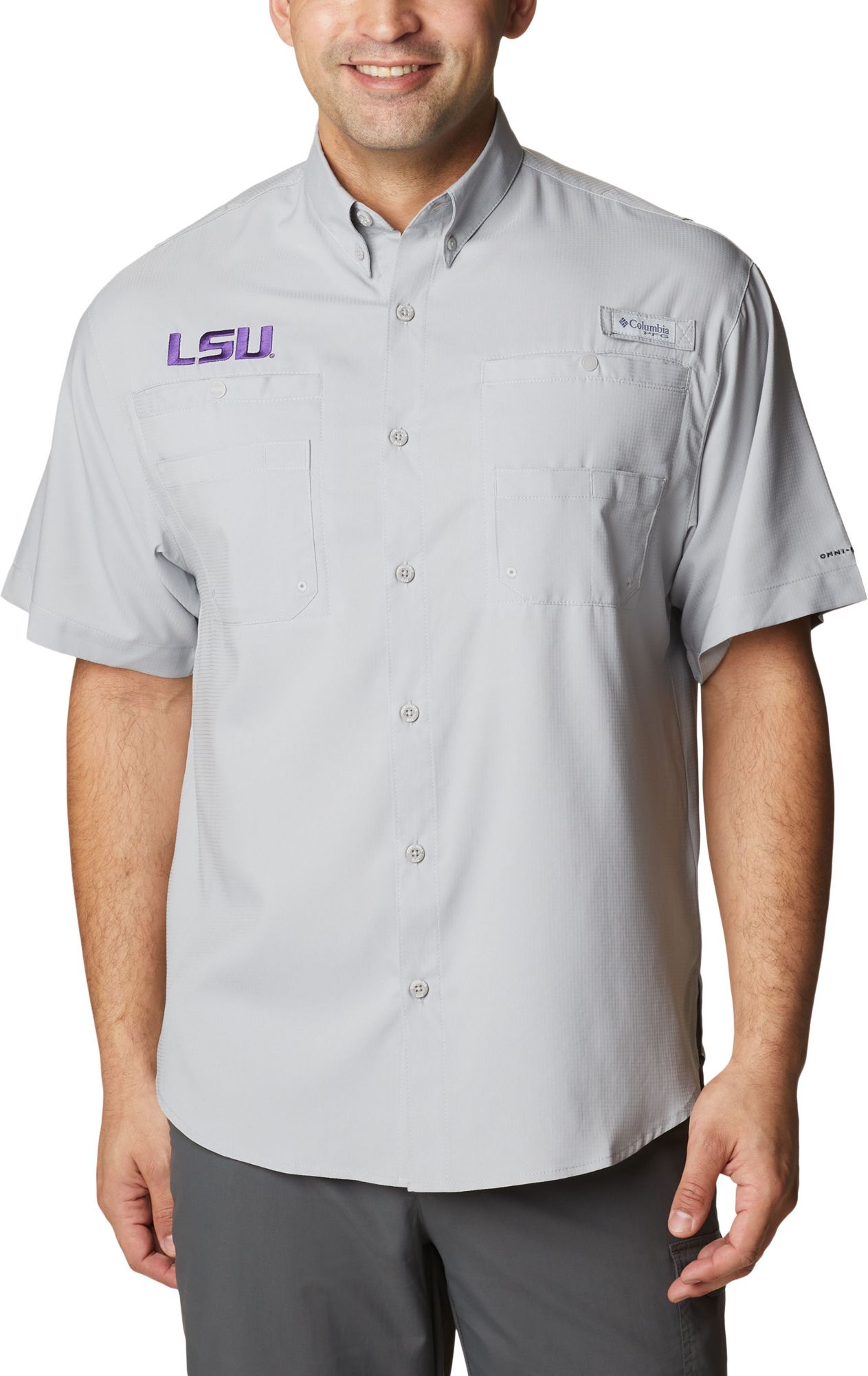 Columbia Men's LSU Tigers Grey Tamiami Button-Down Performance Shirt product image