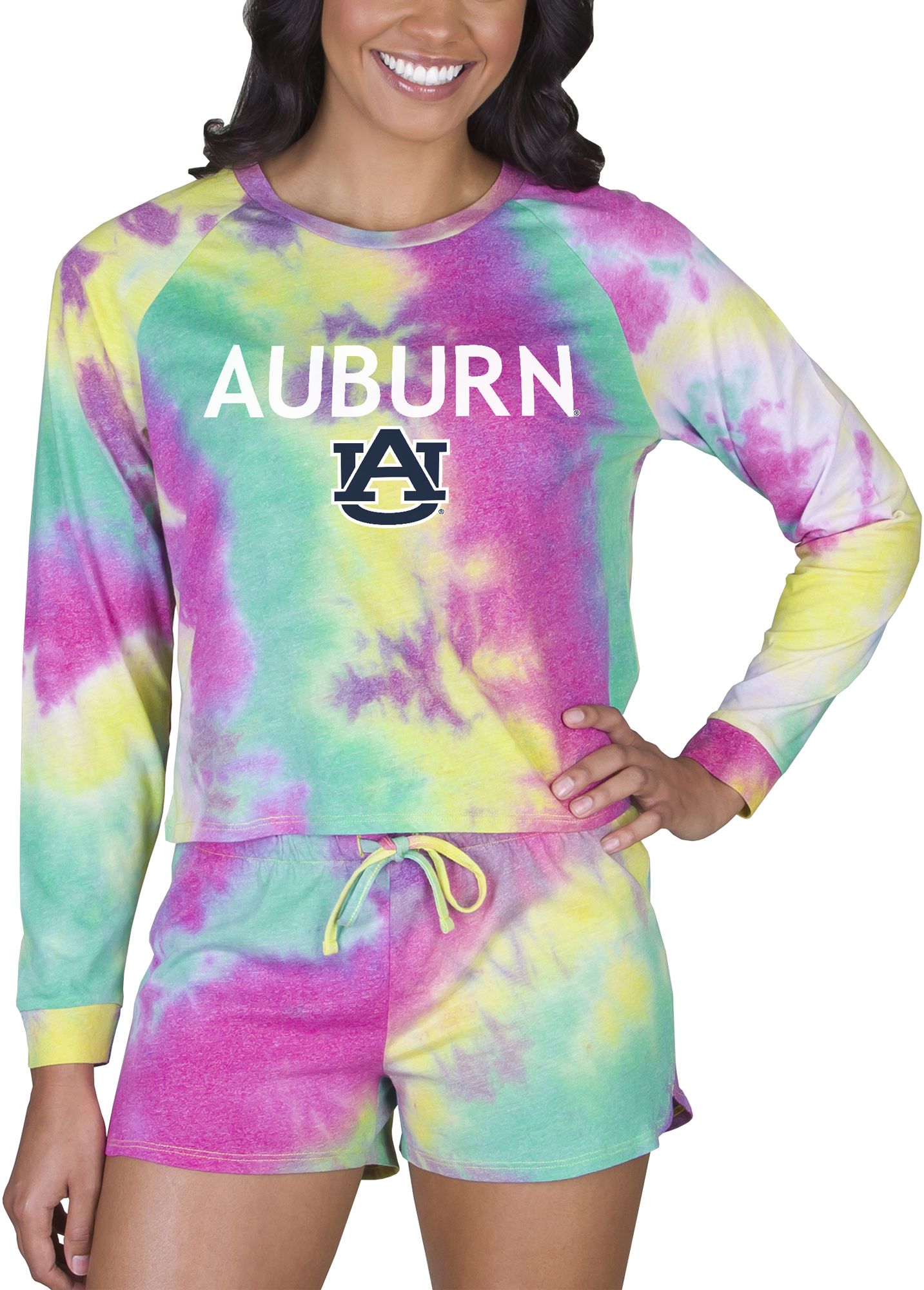 Concepts Sport Women's Auburn Tigers Tie-Dye Velodrome Long Sleeve T-Shirt and Short Set