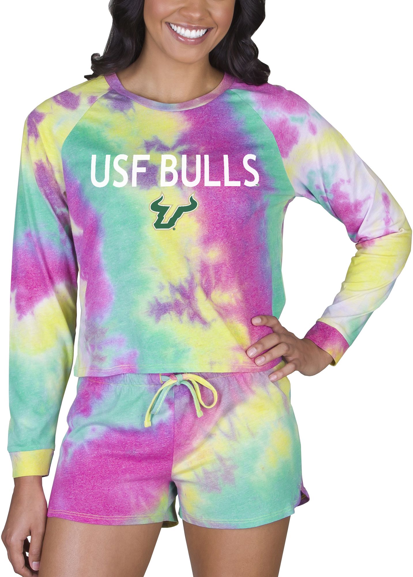 Concepts Sport Women's South Florida Bulls Tie-Dye Velodrome Long Sleeve T-Shirt and Short Set