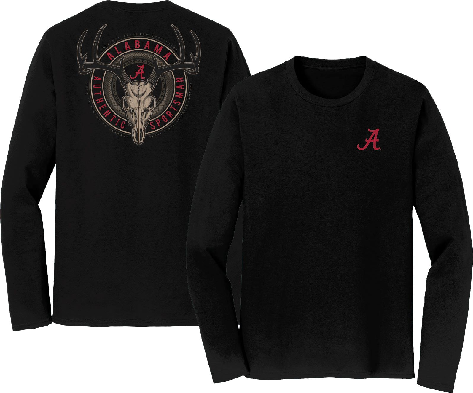 Great State Clothing Men's Alabama Crimson Tide Deer Skull Badge Black Long Sleeve T-Shirt