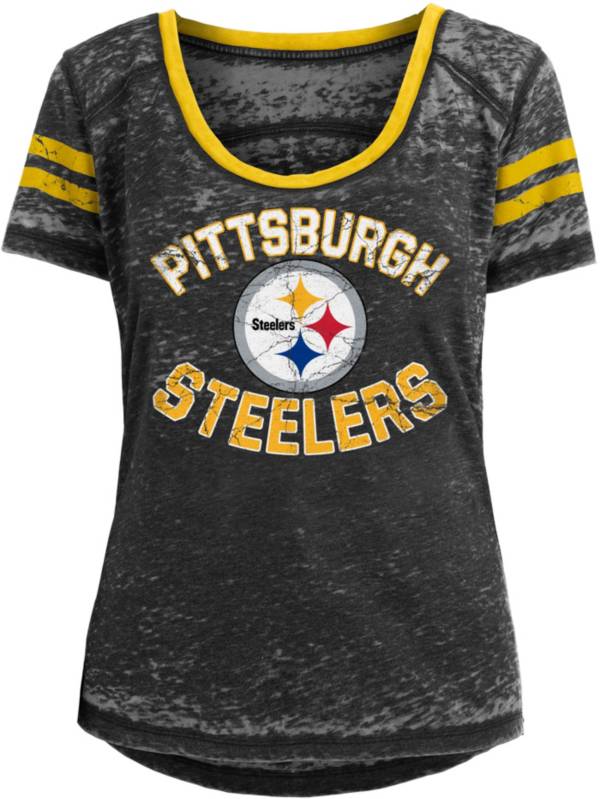 Steelers Women's New Era Shoulder Inset Glitter Crew Short Sleeve T-Shirt - M