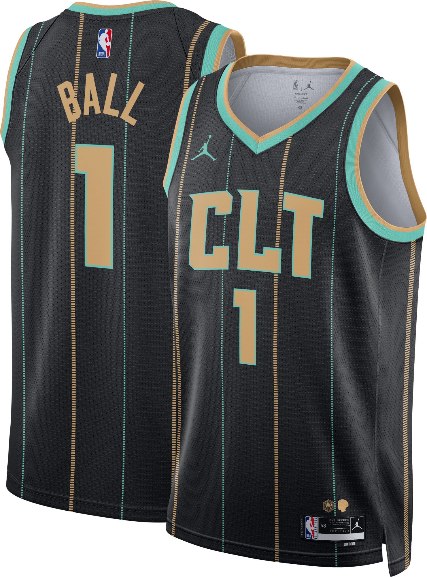 Jordan Men's 2022-23 City Edition Charlotte Hornets LaMelo Ball #1 Black Dri-Fit Swingman Jersey, Large