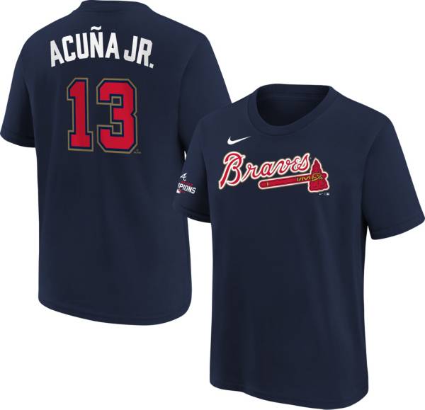 Nike Youth Atlanta Braves Ronald Acuña Jr. #13 2022 Gold Collection Navy Logo T-Shirt