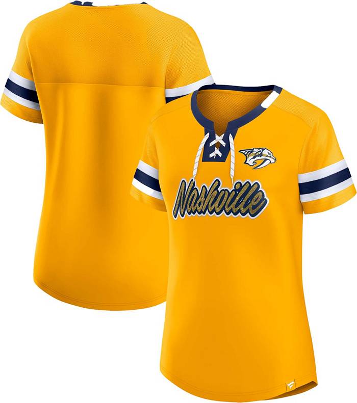 Women's Nashville Predators Fanatics Branded Gold Spirit Lace-Up V-Neck  Long Sleeve Jersey T-Shirt