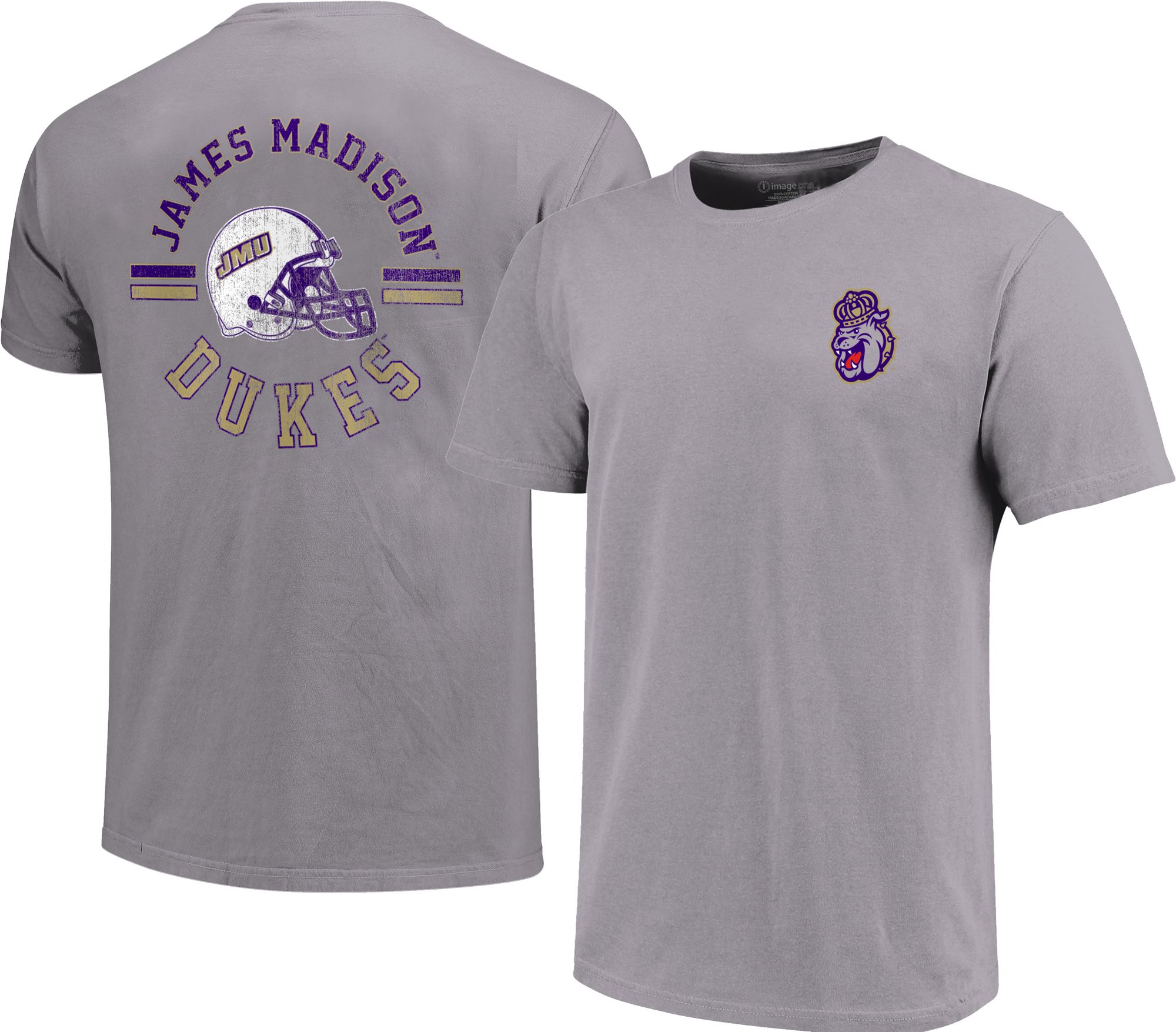 Image One Men's James Madison Dukes Grey Helmet Arch T-Shirt