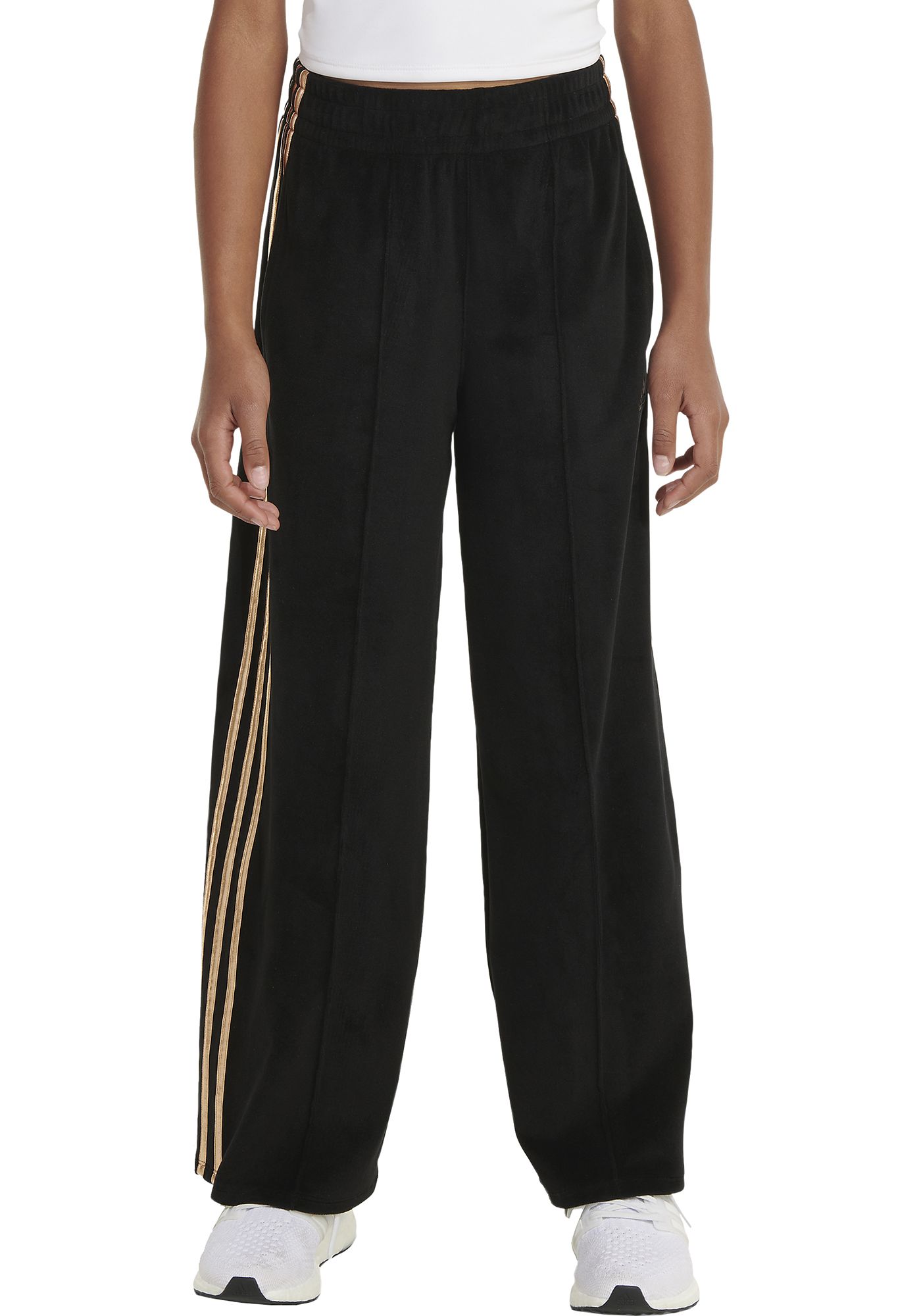 adidas Girls 3 Stripe Wide Leg Velour Pants Dick s Sporting Goods