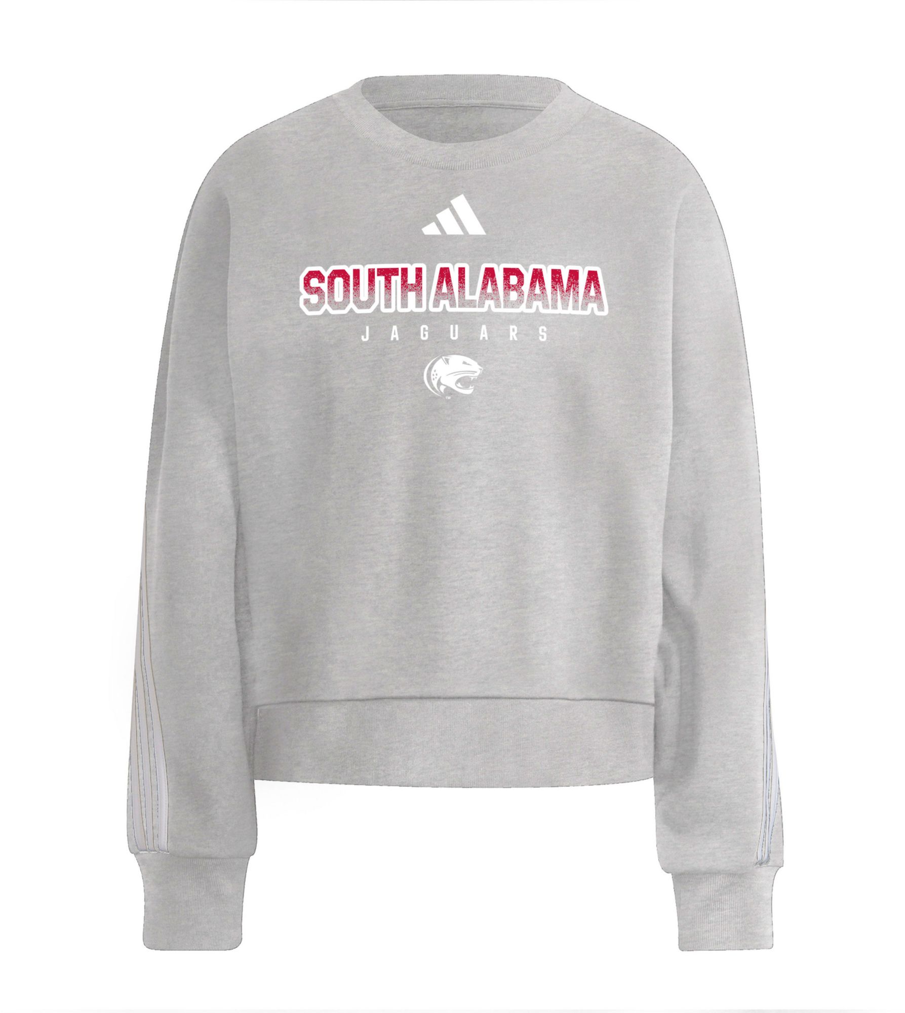 adidas Women's South Alabama Jaguars Grey 3-Stripe Crew Pullover Sweatshirt