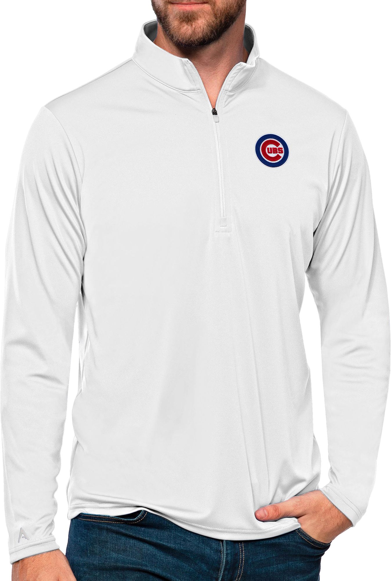 Antigua Women's Chicago Cubs White Tribute 1/4 Zip Pullover