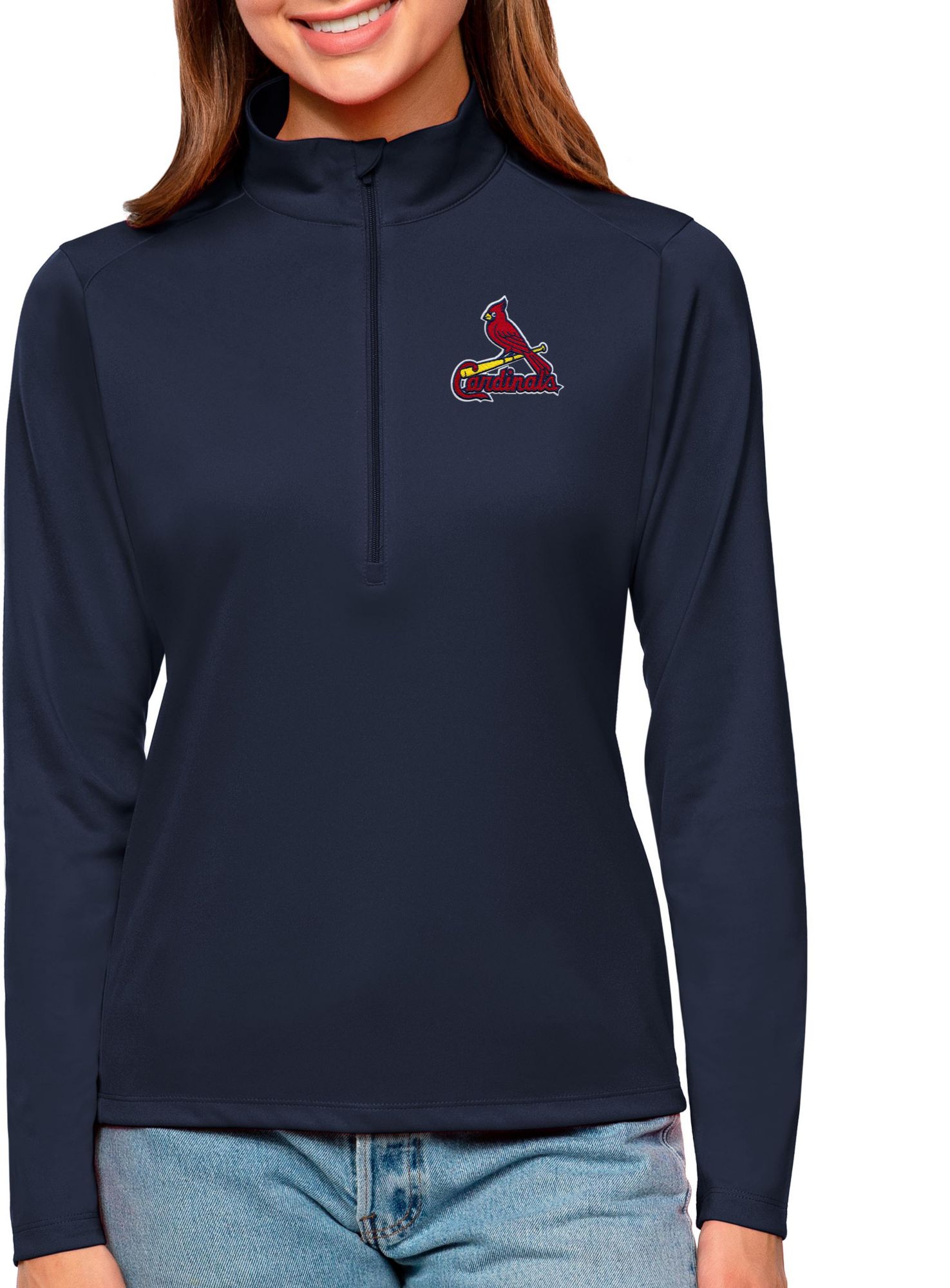 Antigua Women's St. Louis Cardinals Navy Tribute 1/2 Zip Pullover