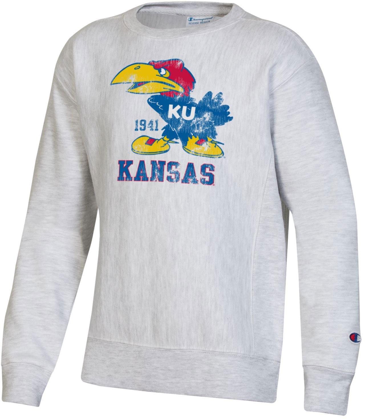 Champion Youth Kansas Jayhawks Grey Reverse Weave Crew Pullover Sweatshirt