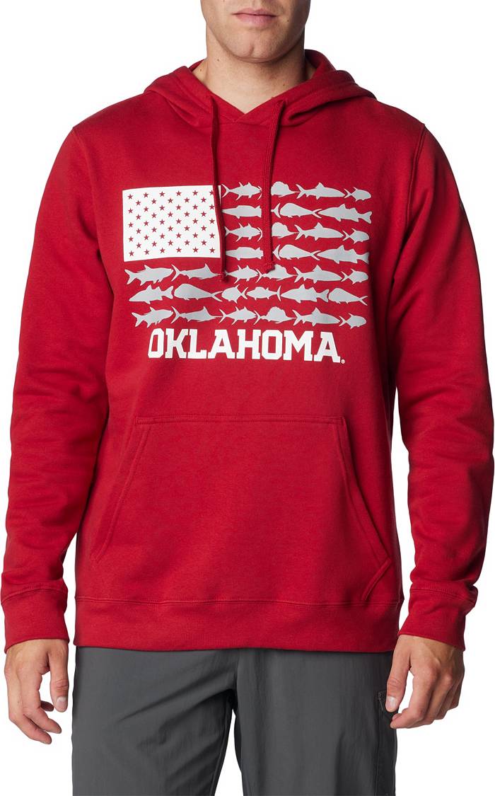 Columbia Men's Oklahoma Sooners Crimson PFG Fish Flag Pullover Hoodie, Medium, Red