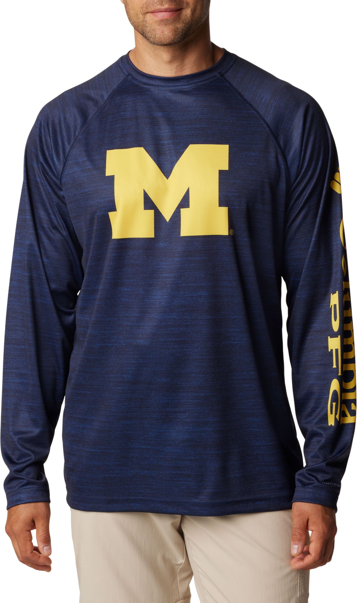 Columbia Men's Michigan Wolverines Collegiate Navy Heather Terminal Tackle Long Sleeve Shirt product image