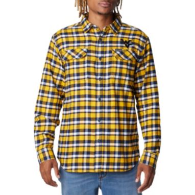 sorry, Columbia Men's West Virginia Mountaineers Gold Plaid Flare Gun Flannel Button Down Long Sleeve Shirt is currently out of stock