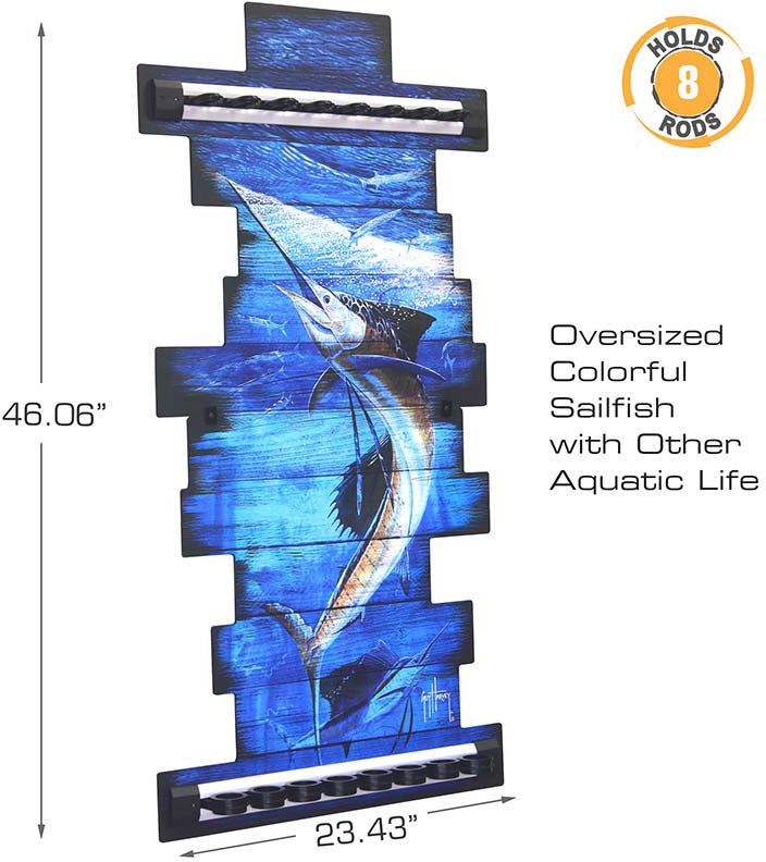 Rush Creek Guy Harvey Sailfish Fishing Wall Storage Rack 8 Rod Holder product image