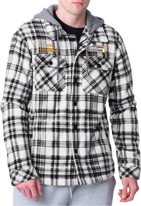 G III Men s Pittsburgh Steelers Pickoff Plaid Black Sherpa Jacket