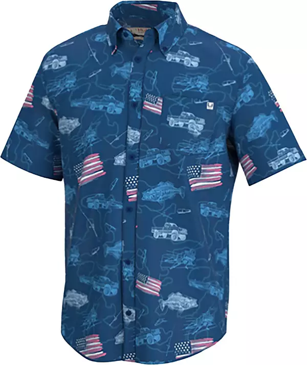 HUK Men's Kona Fish and Flags Button Down Shirt