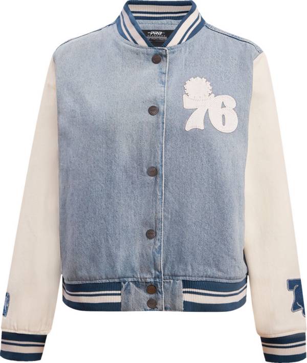 Denim varsity bomber discount jacket