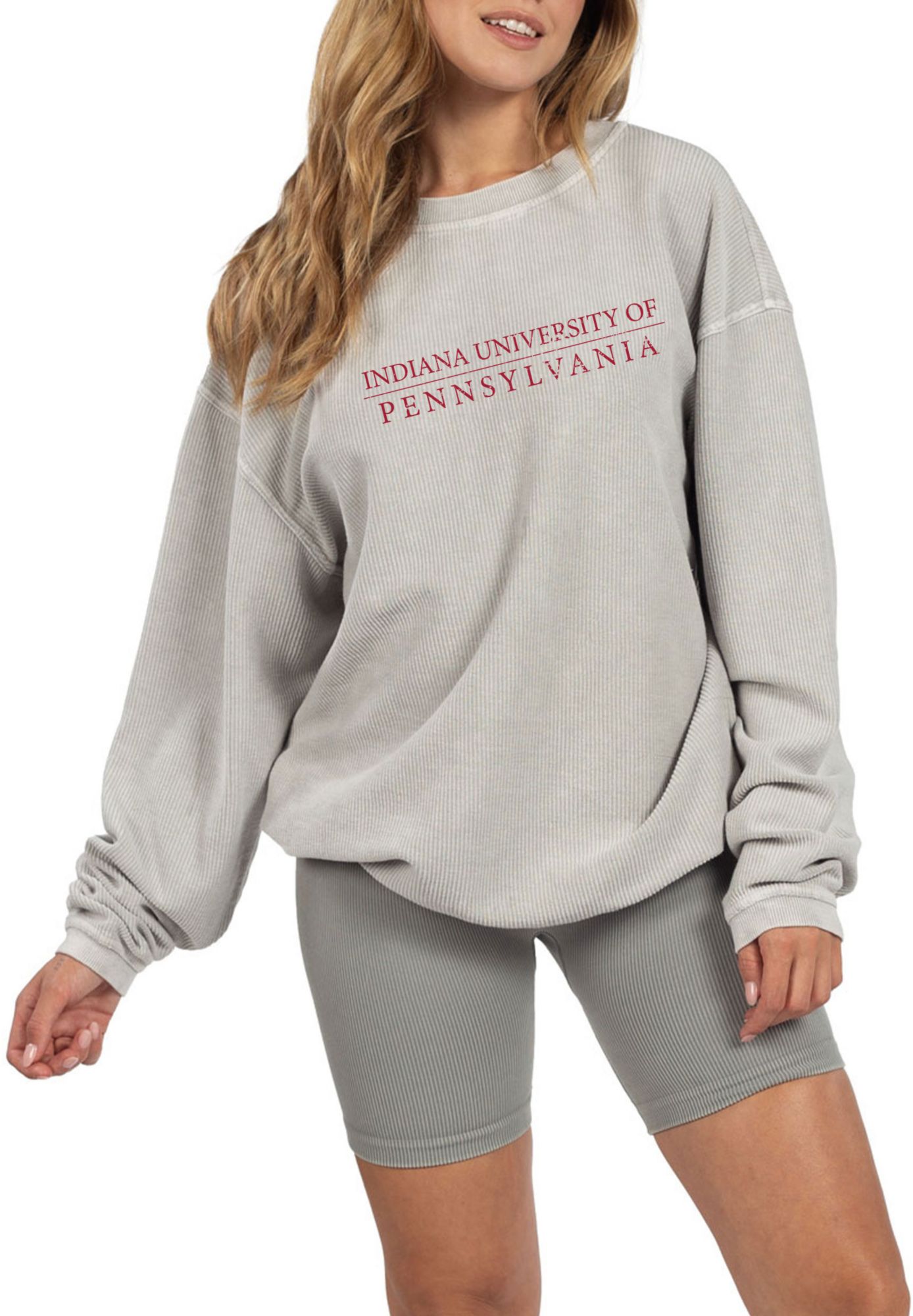 chicka-d Women's IUP Crimson Hawks Grey Corded Crewneck Sweatshirt