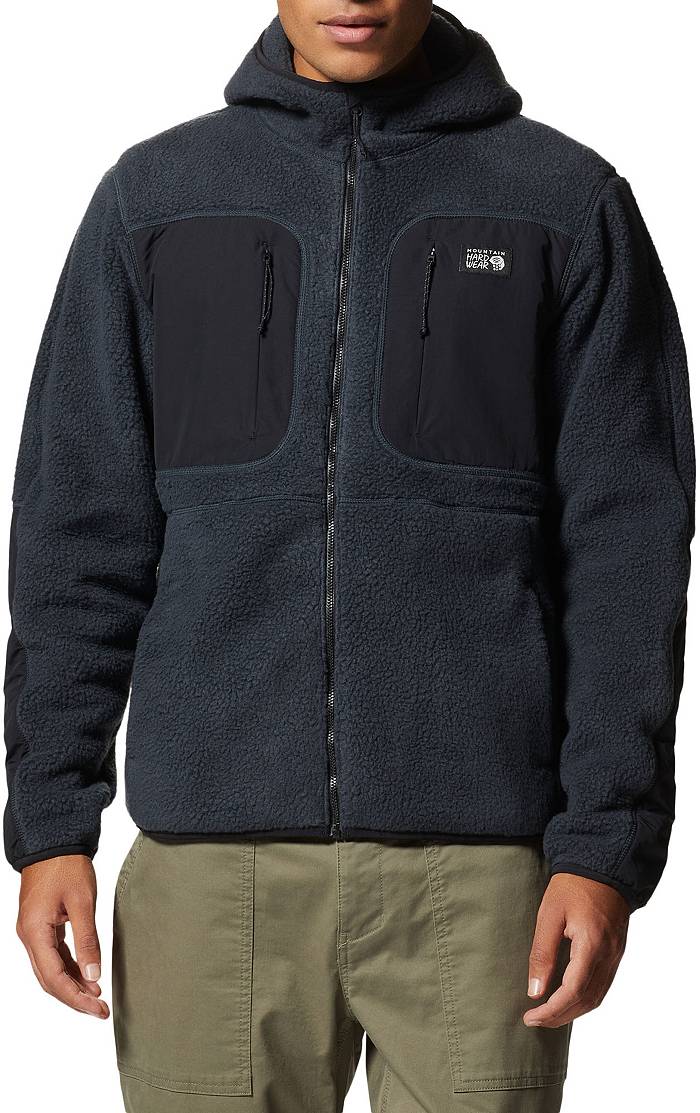 Ski Mountain Logo Classic Unisex Full Zip Woven Patch Hooded Flannel Jacket  Black/Gray (White Logo)