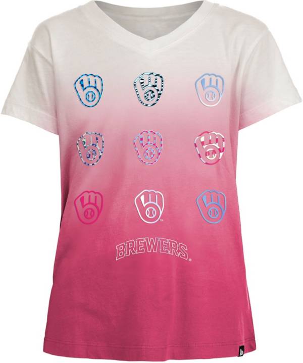 New Era Girl's Milwaukee Brewers Pink Dipdye V-Neck T-Shirt