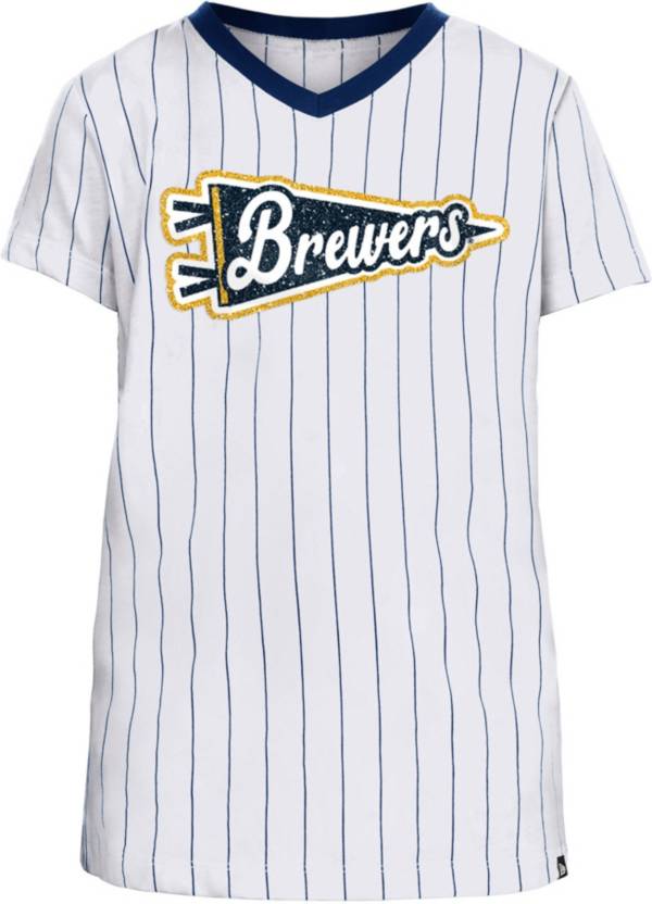 Milwaukee Brewers New Era Girls Youth Pinstripe V-Neck T-Shirt - White