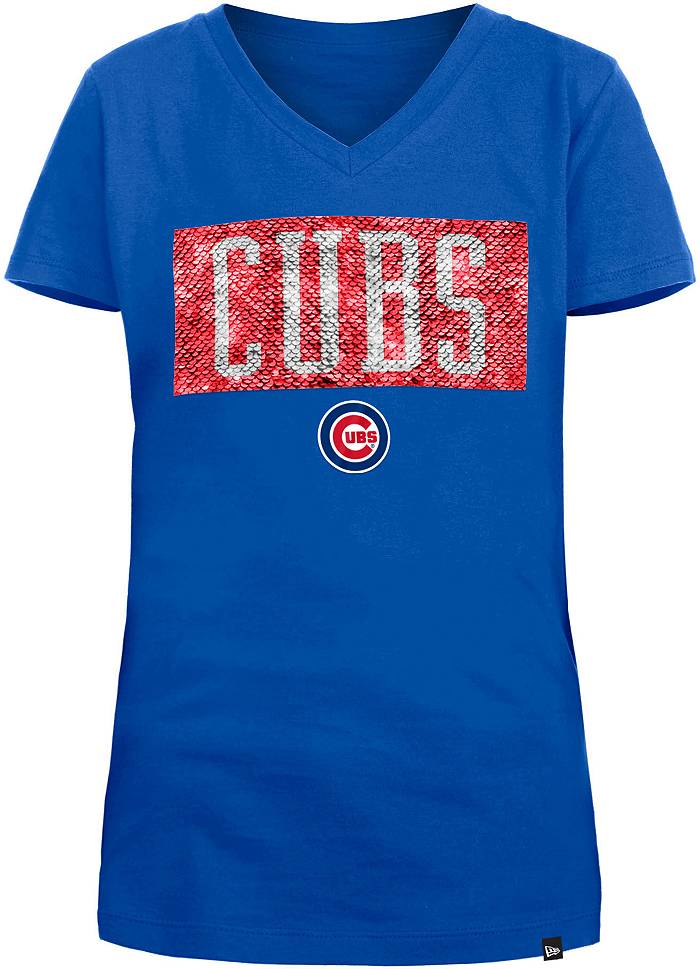 New Era Girls' Chicago Cubs Flip Sequin V-Neck T-Shirt - Blue - 7/8 Each