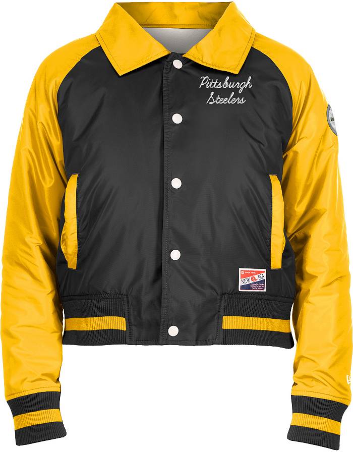 Black Satin Baseball Jacket with Yellow Pockets and Knit Lines