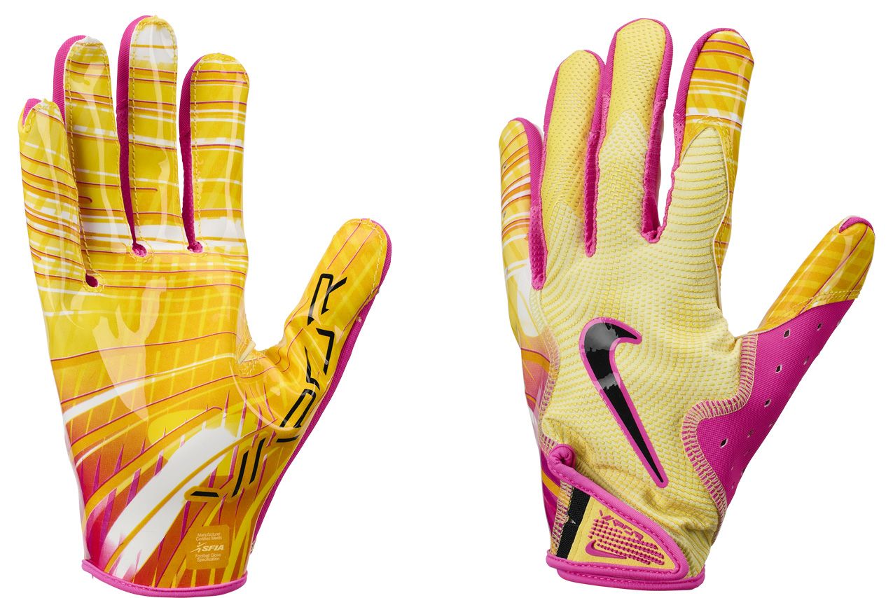 purple and gold nike football gloves