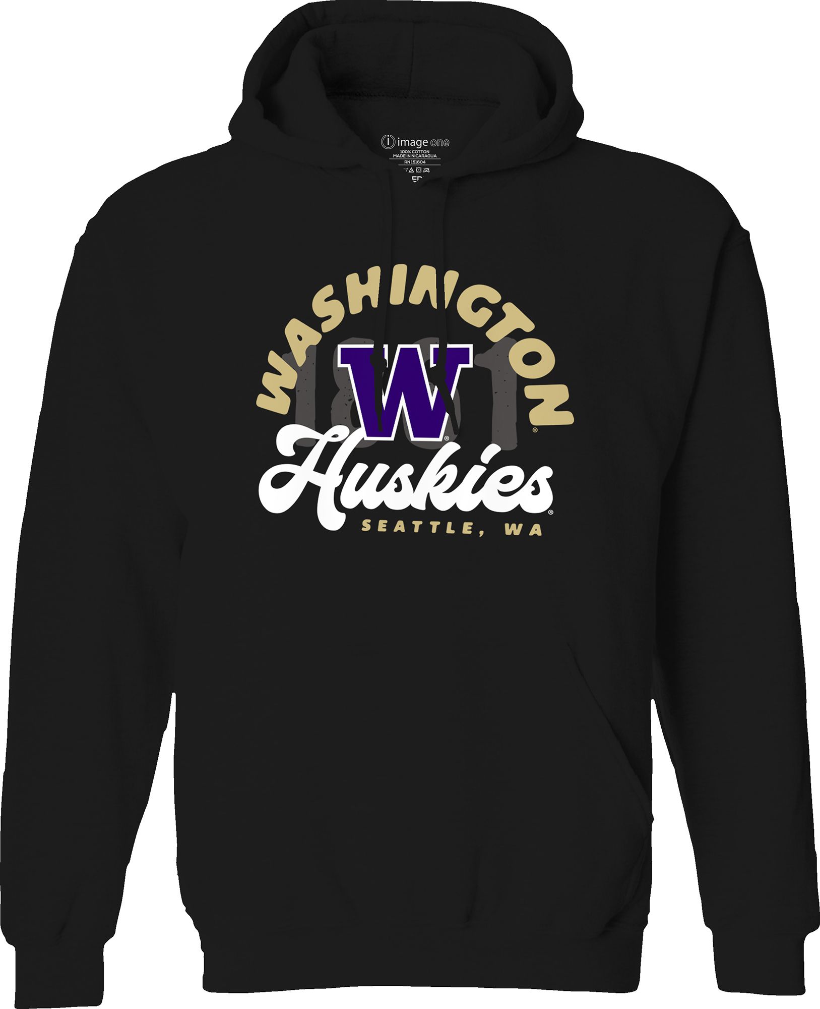 Image One Men's Washington Huskies Black Logo Fleece Pullover Hoodie