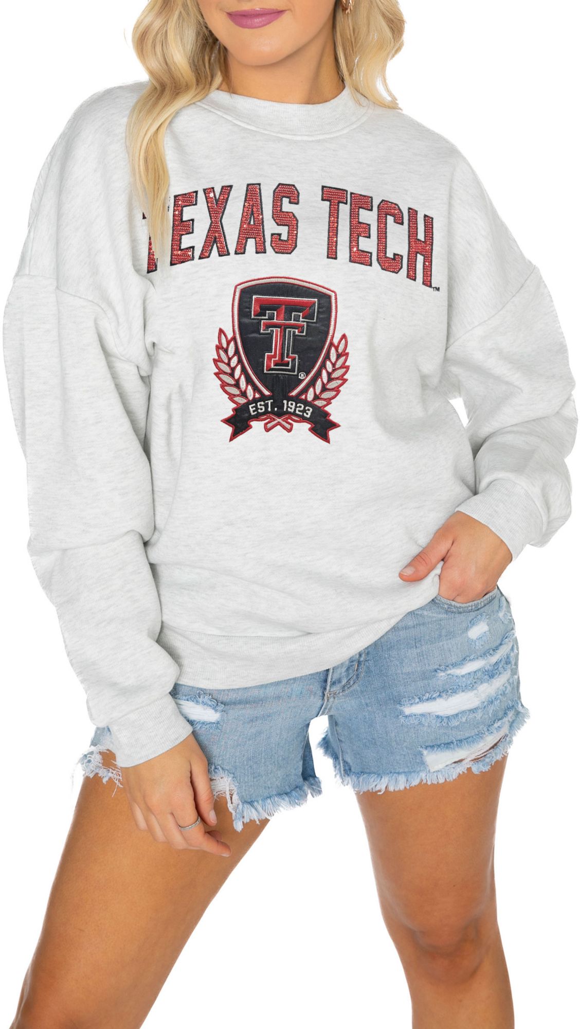 Gameday Couture Texas Tech Red Raiders White Sequin Crew Pullover Sweatshirt